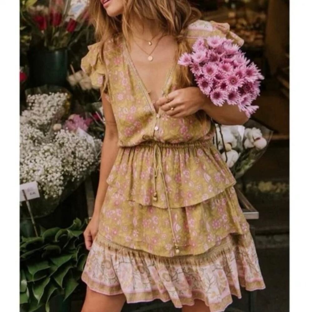 Lance Cade Green Floral Ruffle Print Boho Dress Sz. S 100% cotton fairy NWT